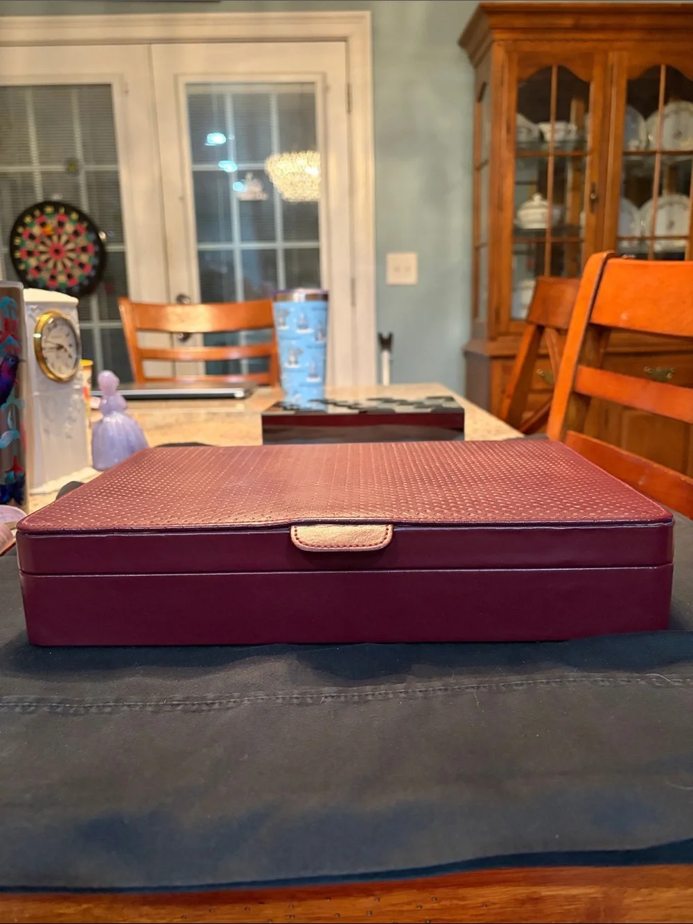 Jewelry or keepsake Case - Burgundy leather 3 compartments. 14x9 1/2x3